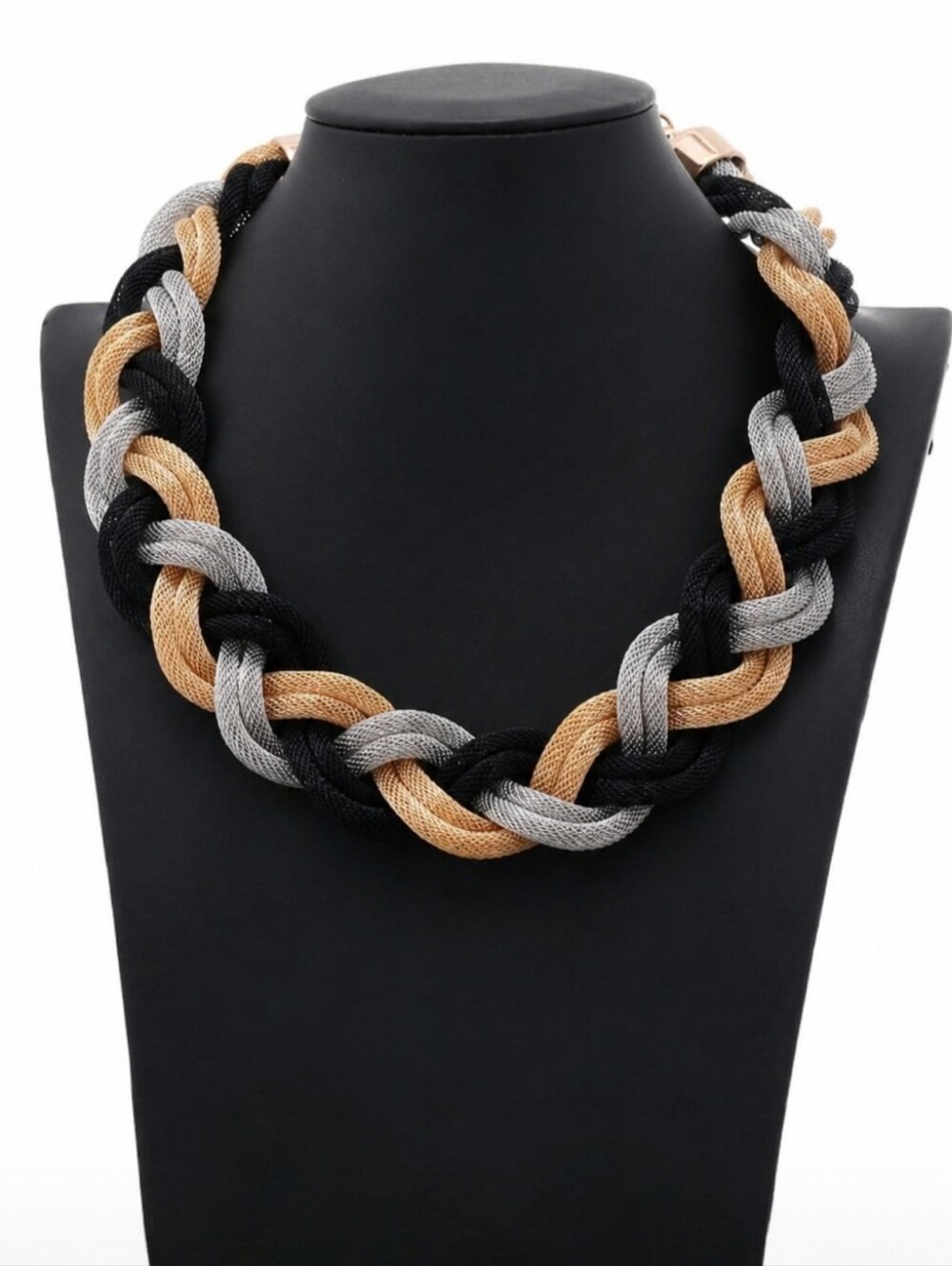 Braided Statement Necklace in Black, Gold and Silver